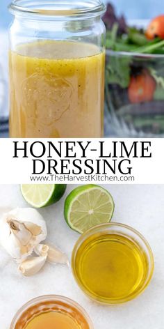 honey - lime dressing in a mason jar with sliced lemons and garlic on the side