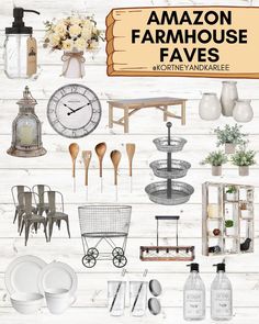 an assortment of kitchen utensils on a white wood background with text overlay that reads amazon farmhouse faves