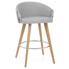 a grey upholstered bar stool with wooden legs and an armrest, viewed from the front