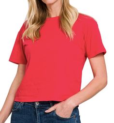 COTTON CREW NECK SHORT SLEEVE CROPPED T-SHIRT(GOOD QUALITY COTTON T-SHIRTS) **RELAXED FIT** TOTAL BODY LENGTH: 20", BUST: 35.5" approx.- MEASURED FROM SMALL Basic Solid Cropped T-shirt With Crew Neck, Basic Solid Crew Neck Cropped T-shirt, Basic Solid Color Cropped T-shirt, Red Graphic Tee Cropped T-shirt, Red Cotton Cropped T-shirt Casual, Classic Red Cotton T-shirt, Red Sporty V-neck T-shirt, Red Soft-washed Cotton T-shirt, Red Stretch V-neck T-shirt