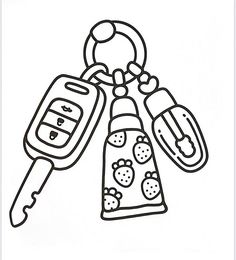 a coloring page with a car key and two keys attached to the keychain