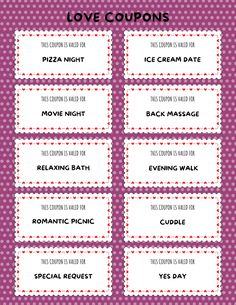 love coupons for valentine's day with polka dots and hearts on purple background