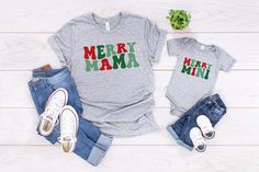 "Christmas Mama Mini Shirts, Merry Mama Mini, Mommy and Me Shirts, Christmas Family Shirts, Christmas Shirt, Matching Christmas Shirts, Mama and Mini  All of our shirts are made with the highest quality materials and are super soft and cozy! HOW TO ORDER Step 1: Choose the shirt style/size from the drop down menu (see size chart) Step 2: Choose the shirt color from the drop down menu (see color chart) *Monitor colors may differ slightly than the printed colors. Step 3: Add Quantity Step 4: Check Out **All adult shirts will say \"Merry Mama\" and all kid shirts will say \"Merry Mini\" DESCRIPTIONS *Unisex Short Sleeve T-Shirt (Bella & Canvas) This classic unisex jersey short sleeve tee fits like a well-loved favorite. Soft cotton and quality print make users fall in love with it over and ov Mini Shirts, Mommy And Me Shirts, Mama And Mini, Matching Christmas Shirts, Mommy And Me Shirt, Family Christmas Shirts, Adulting Shirts, Christmas Family, Kids Shorts