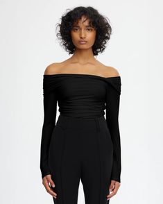 acler Burford Top black on figure front Stylish Top, Ruched Top, Australian Fashion, Off Shoulder Tops, New Arrival Dress, Thom Browne, Easy Wear, Victoria Beckham, Workout Tops