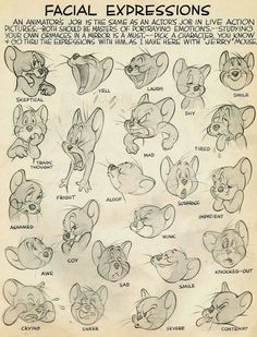 an old disney character sheet with many different expressions and facial expressions for each character in the film