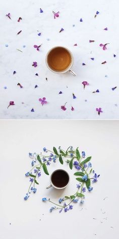 two pictures with flowers in the middle and one has a cup of coffee on it