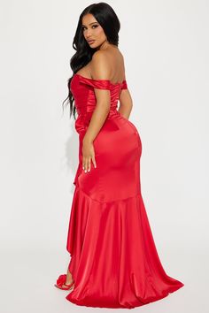 Available In Olive And Red. Satin Gown Off Shoulder Straight Neckline Short Sleeve Hidden Back Zipper Ruched Detail Ruffle Detail High Slit Self: 100% Polyester Lining: 100% Polyester Imported | Kyla Satin Gown Dress in Red size XL by Fashion Nova Satin Gown Dress, Red Satin Gown, Gown Off Shoulder, Straight Neckline, Satin Gown, Gown Dress, Red Satin, Red Fashion, Gowns Dresses