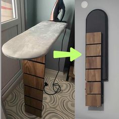 an ironing board is attached to the wall next to a wood and ironing board