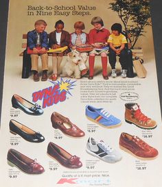 an advertisement for shoes with children sitting on a bench