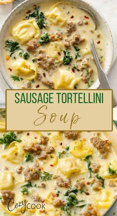 sausage tortellini soup in a skillet with cheese and spinach