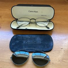 Vintage Calvin Klein Wire Frame Glasses With Clip Sunglasses! Tortoise Shell Print. Made In Japan, Comes With Cases For Both Glasses And Sunglasses Clip Ons Formerly Owned And Worn By Me In The 90’s. These Are Prescription But Lens Can Be Replaced. Wire Frame Glasses, Calvin Klein Glasses, Tortoise Shell Print, Sunglasses Tortoise Shell, Shell Print, Vintage Calvin Klein, Japan Vintage, Clip On Sunglasses, Frame Glasses