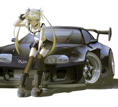 an anime character sitting on top of a car with her hands behind her back and legs crossed