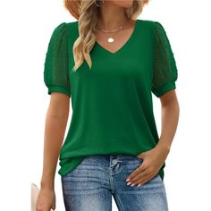 - Material: The Trendy Top Is Extremely Soft, Stretchy, And Skin-Friendly, Not See-Through, Offering The Maximum Comfort All Day Long. - Features: Solid Color T Shirts, Unique V-Neck, Puff Sleeve,Swiss Dot Sleeve, Loose Fit Tshirts, Elegant And Cute - Feminine V-Neckline And Loose Long Length Fit To Any Body Type, That Allows You To Be Comfy, Stylish And Feeling Confident. - Occasions: Perfect For Casual Daily/ Work/ Date/ Travel/ Home/ Vacation/ Shopping/ Street/ Party/ Out Going. A Must-Have I Fitted Lace Top, Simple Blouses, Puff Sleeve Shirt, Lace Patchwork, Sleeves Clothing, Womens Tops Summer, Swiss Dot, Puff Sleeve Top, Summer Tshirts