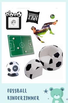 a poster with soccer balls and other items