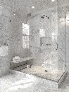 Bathroom Design: Marble Walls and Herringbone Floors Marble Look Tiles In Bathroom, Master Bathrooms With Walk In Showers Marble, Cute Bathroom Tile Ideas, Floor Tiles Bathroom Modern, Pretty Bathroom Tile Ideas, New Shower Designs, White Bathroom Large Tiles, Modern Shower Ideas Master Bath, Modern Floor Tiles Bathroom