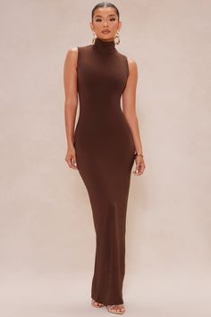 Logan Knit Maxi Dress - Chocolate Turtle Neck Maxi Dress, Long Brown Dress, Turtle Neck Sleeveless, Chocolate Fashion, Knit Maxi Dress, Maxi Knit Dress, Brown Dress, Matching Dresses, Chocolate Brown