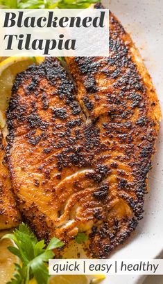 grilled blackened tilapia with lemons and parsley on the side in a white bowl