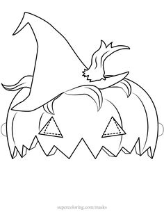 a black and white drawing of a pumpkin with a witch's hat on top