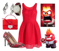 a woman's red dress with angry birds on it and other items including heels