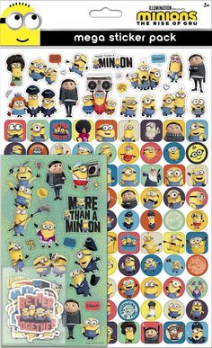 the minions sticker pack is shown in various colors and sizes, including one with different characters