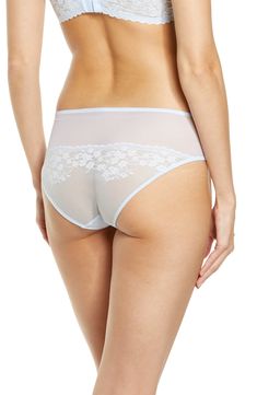 Pretty with cherry blossom lace, these briefs features no-dig binding at the waist and legs, making it a romantic must-have for your wardrobe. Cotton-lined gusset 73% nylon, 27% spandex Hand wash, line dry Imported Lingerie Feminine Lace Stretch Bottoms, Feminine Fitted Sheer Bottoms, Feminine Lace Brief Bottoms, Fitted Sheer Feminine Bottoms, Feminine Fitted Bottoms With Contrast Lace, White Stretch Bottoms With Contrast Lace, Sheer Nylon Shorts, Sheer Nylon Short Bottoms, White Brief Bottoms With Contrast Lace