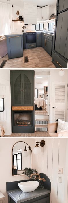 three pictures of the inside of a house with wood floors and white walls, including an open fireplace