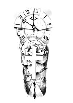 a black and white drawing of a clock with roses on the front, and a cross in the back