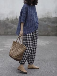 RETRO LINEN PLAID CASUAL HAREM PANTS - rrdeye Black Harem Pants, Linen Fashion, Boho Style Dresses, Yoga Activewear, Linen Style, Style Pants, Kids Sweater, Cozy Fashion, Boho Dress