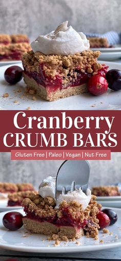 cranberry crumb bars with whipped cream and cherries on top