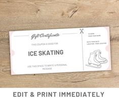 an ice skating ticket sitting on top of a wooden table