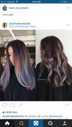 Oil Slick Highlights, Pastel Highlights On Dark Hair, Purple Highlights Light Brown Hair Peekaboo, Hair Extensions Brunette, Lilac Peekaboo Highlights For Dark Hair, Oil Slick Hair Color Brunettes Peekaboo, Rainbow Underneath Hair, Dark Brown Hair With Rainbow Highlights, Peekaboo Highlights For Dark Hair