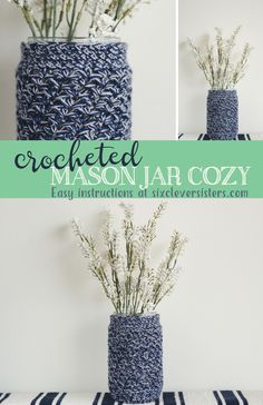 two vases with flowers in them sitting on a striped table cloth and text overlay reads crocheted mason jar cozy