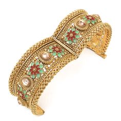 Bridal ethnic Indian Pakistani set of 2 openable big kada bangles studded with polki stones, red green enamel, flower pattern and rope edge. Limited availability. Metal: Alloy Plating: 5K (1gm) Gold Material: Glass and Enamel Width: 1.25 Inch Clasp: Screw Barrel Style Tip: Very traditiona ethnic piece that will compliment well with other ethnic jewelry and outfits. Style Personality: Antique Chic: You surround yourself with antique things that transport you in that era. You love the charm of the Kada Bangles, Antique Things, Bridal Indian, Double Cuff, Bangle Bracelet Set, Pakistani Bridal, Enamel Flower, Gold Flower, Green Enamel