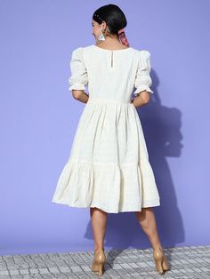 Chikankari Embroidered Midi Dress Festive Cotton Dress With Chikankari Embroidery, Spring Cutwork Fitted Dress, Traditional Off White Dress With Floral Embroidery, Cotton Midi Dress With Floral Embroidery, Spring Fitted Cutwork Dresses, Knee-length Floral Embroidered Dress, Spring Fitted Dress With Cutwork, Festive Off White Floral Embroidery Dress, Festive Off-white Dress With Floral Embroidery