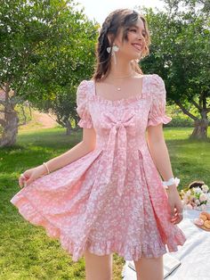 Boho Dress Short, Neck Bow, Girly Dresses, Shein Dress, Floral Jacquard, Jacquard Dress, Girly Outfits, Boho Dress, Pretty Dresses