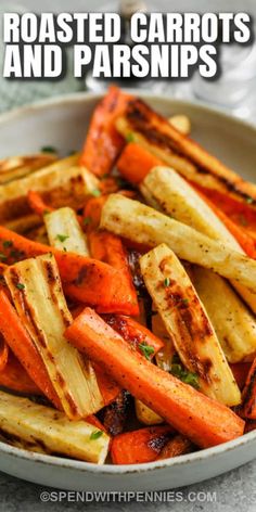 carrots and parsnips in a white bowl with the title above it