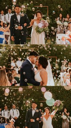 the bride and groom are surrounded by bubbles