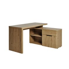 a wooden desk with two drawers on one side and an open shelf in the other