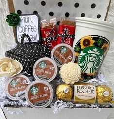 a starbucks gift basket with coffee, hot chocolates and more