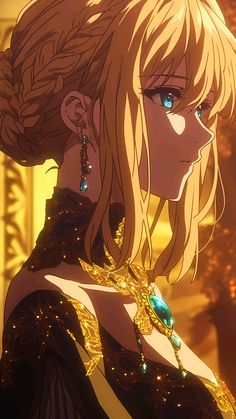 an anime character with blonde hair and blue eyes looking off to the side in front of a golden background