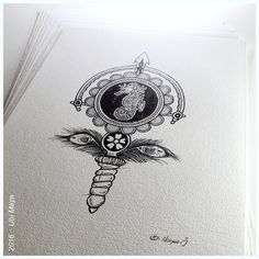 an ink drawing of a key with a clock on it's face and flowers in the middle