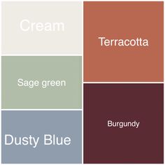 the words dusty blue, terracotta, sage green and burgundy are arranged in squares