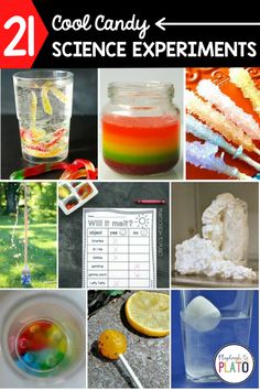 collage of science experiments with text overlay that reads cool candy science experiments for kids