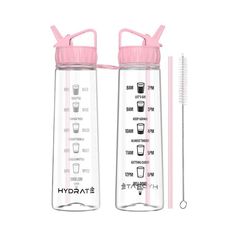 two water bottles with straws next to each other on a white background, one is pink and the other is clear