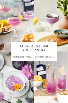 cocktails from your pantry are on display at the end of a table with flowers and plates