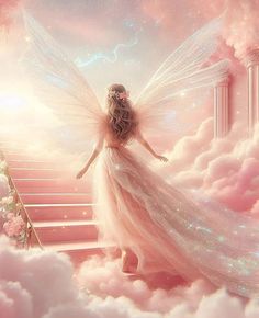 a fairy with wings is standing on some stairs in the clouds and looking at something