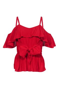 Current Boutique-Club Monaco - Red Sleeveless Blouse w/ Cold Shoulders & Flounce Hem Sz XXS Casual Off-shoulder Ruffle Tops, Off-shoulder Ruffled Summer Tops, Off-shoulder Ruffled Tops For Summer, Summer Off-shoulder Ruffled Tops, Summer Off-shoulder Top With Ruffles, Trendy Red Top With Ruffles, Off-shoulder Ruffled Tops For Vacation, Off-shoulder Ruffle Tops For Vacation, Flirty Red Top With Ruffles