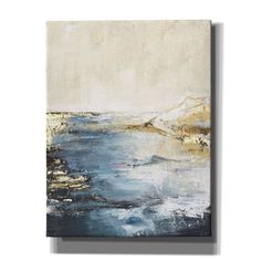 an abstract painting with blue, white and gold colors on the canvas is hanging on a wall