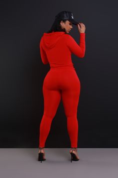 94% Polyester, 6% Spandex | Inseam: 26" Pre-Stretch | Model Wearing A Size L/XL | Runs True To Size You're just out here vibing as always, so kick back with this stylish set featuring a long sleeve zippered jacket with attached hood and front pockets at the waist and matching high-rise seamless leggings. Red Fitted Tracksuit Athleisure, Red Fitted Tracksuit For Athleisure, Red Fitted Tracksuit For Sportswear, Red Fitted Athleisure Tracksuit, Red Fitted Tracksuit Sportswear, Casual Red Stretch Sets, Casual Stretch Elastane Sets, Fitted Solid Color Tracksuit For Workout, Red Stretch Casual Tracksuit