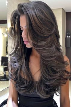 Layer Trim Haircut, Long Super Layered Hair, Back Of Layered Hair, Hair Cuts For Long Hair Indian, Dark Brown Butterfly Cut, Thick Layers Long Hair, Long Haircuts For Women In Their 30s, Angled Long Haircut, Dark Brown Long Layers